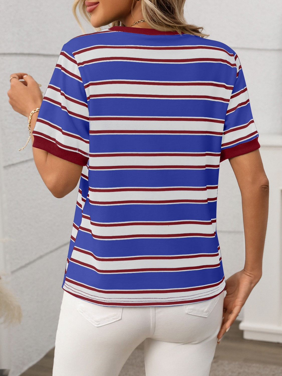 Contrast Striped Round Neck Short Sleeve T-Shirt - MyEmpired