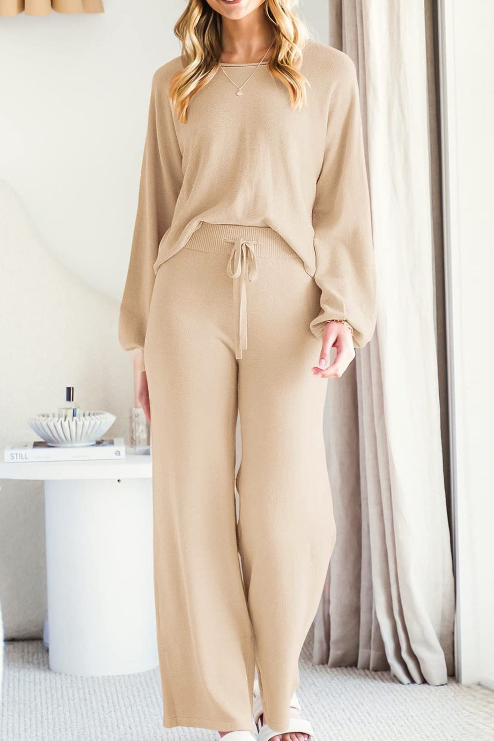 Round Neck Long Sleeve Top and Pants Set - MyEmpired
