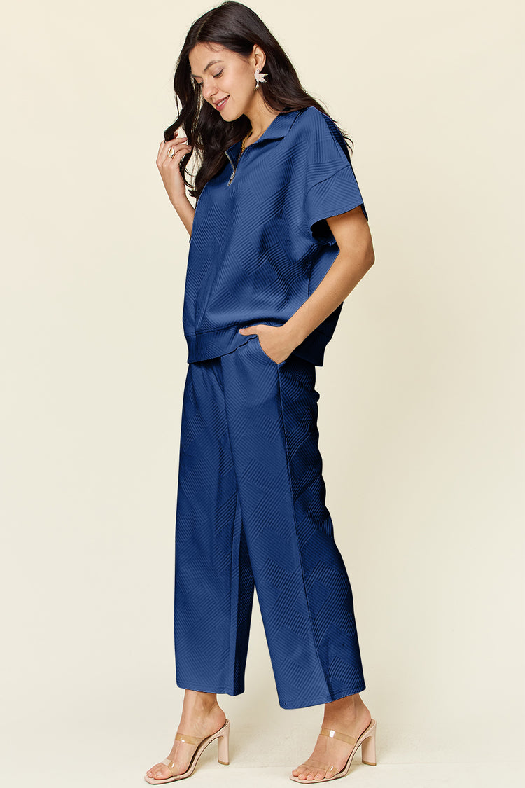 Double Take Full Size Texture Half Zip Short Sleeve Top and Pants Set - MyEmpired