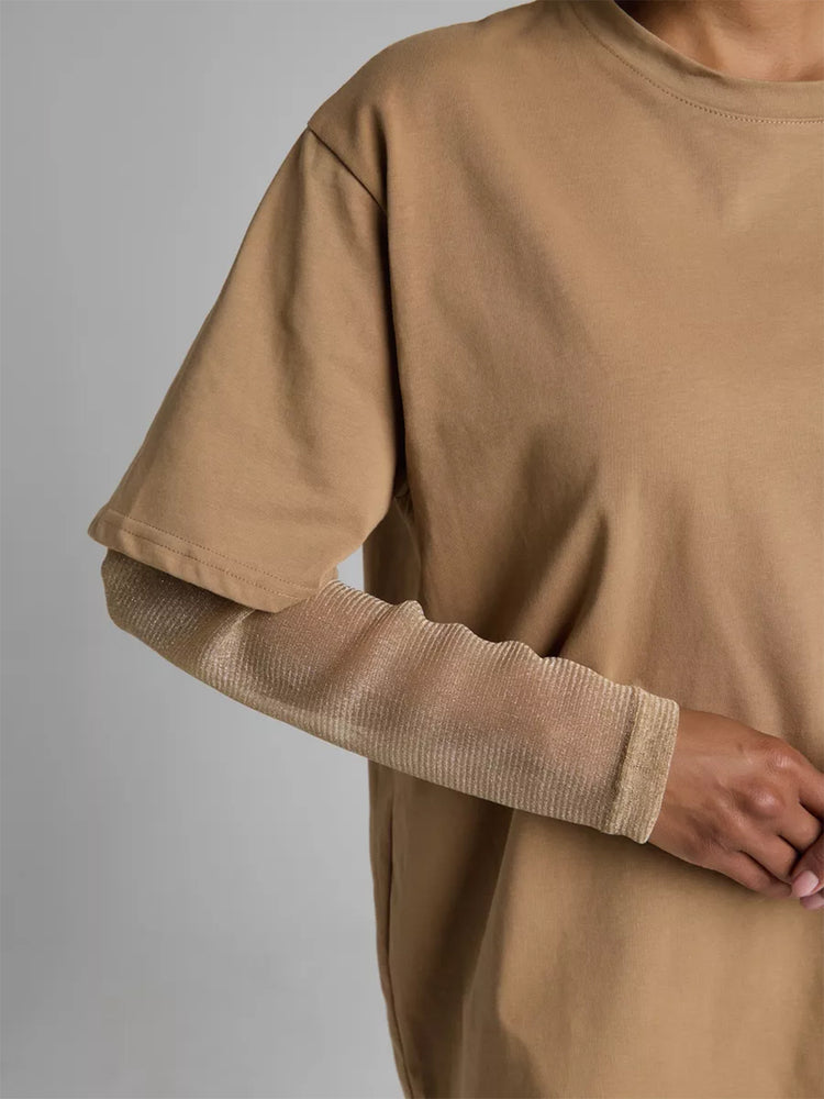 Faux Layered Round Neck Mesh Sleeve Top - MyEmpired