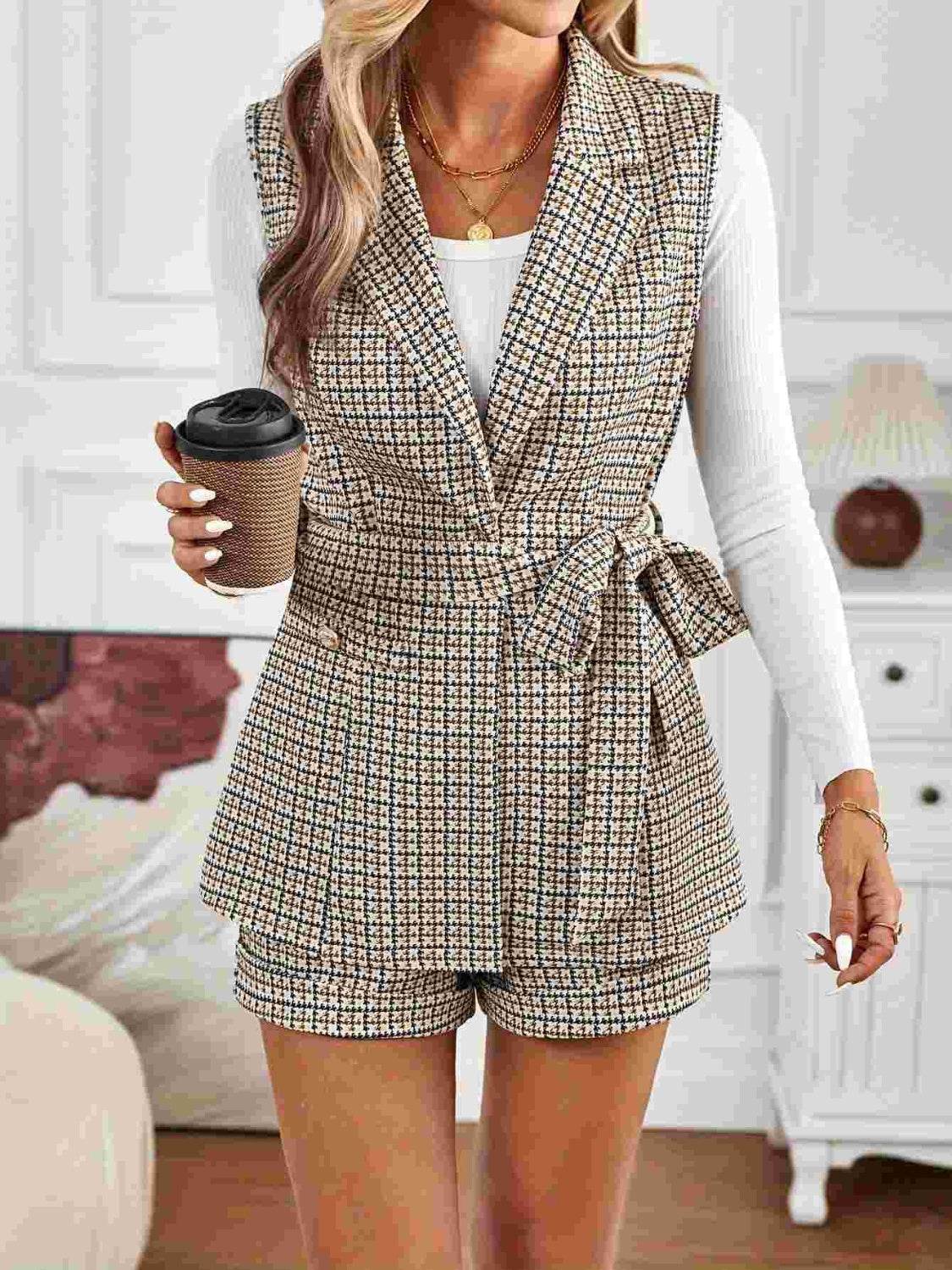 Tied Plaid Collared Neck Vest and Shorts Set - MyEmpired