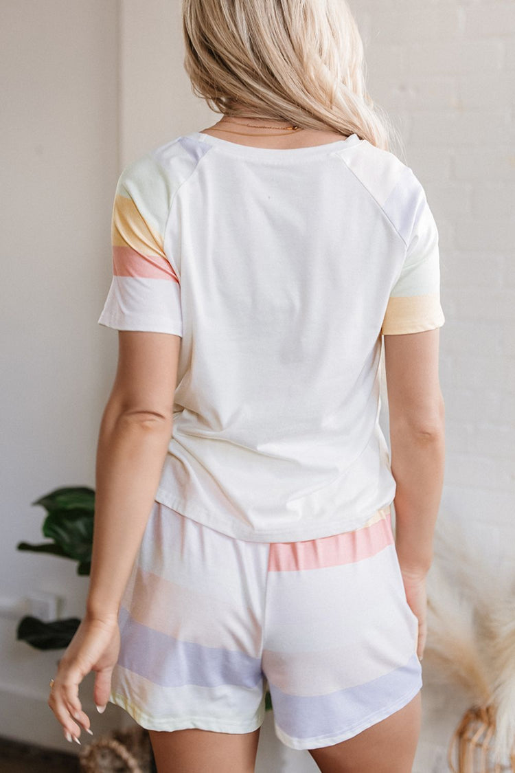 Rainbow Striped Round Neck T Shirt and Shorts Lounge Set - MyEmpired
