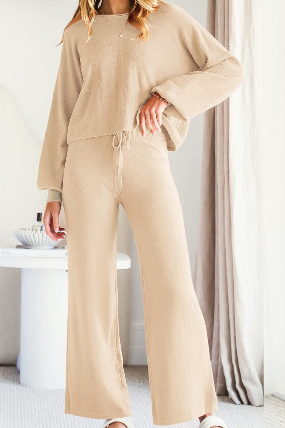 Round Neck Long Sleeve Top and Pants Set - MyEmpired