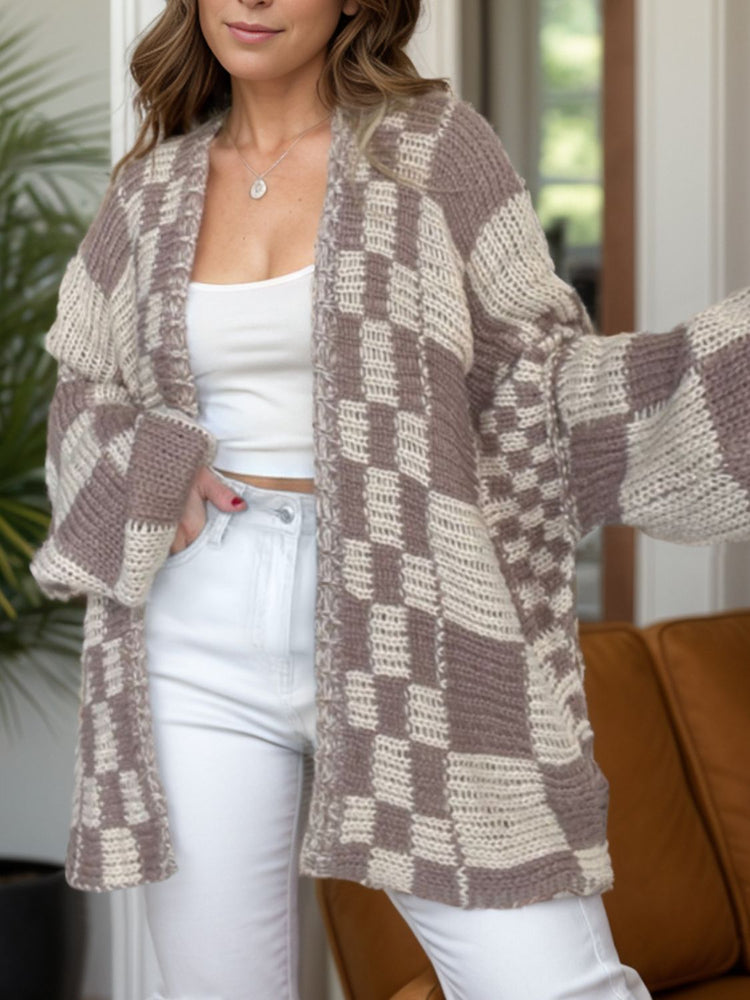 Plaid Open Front Long Sleeve Cardigan - MyEmpired