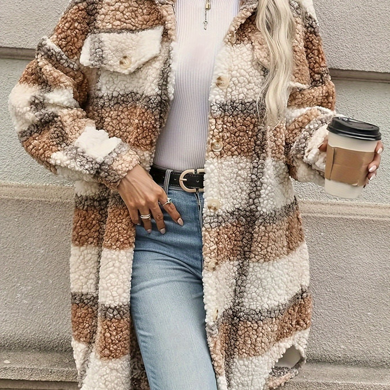 Plaid Pattern Button Front Fuzzy Jacket, Casual Thermal Long Sleeve Long Length Collar Coat For Fall & Winter, Women&
