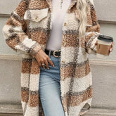Plaid Pattern Button Front Fuzzy Jacket, Casual Thermal Long Sleeve Long Length Collar Coat For Fall & Winter, Women&