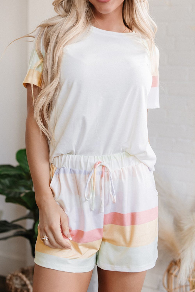 Rainbow Striped Round Neck T Shirt and Shorts Lounge Set - MyEmpired
