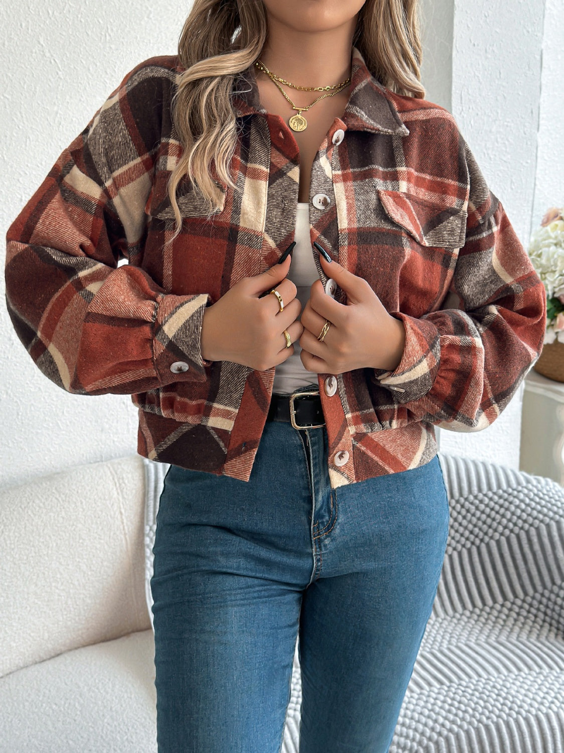 Plaid Button Up Long Sleeve Jacket - MyEmpired