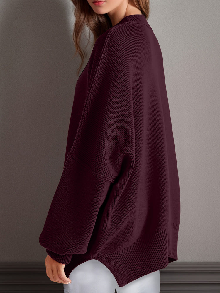 Double Take Side Slit Round Neck Long Sleeve Sweater - MyEmpired