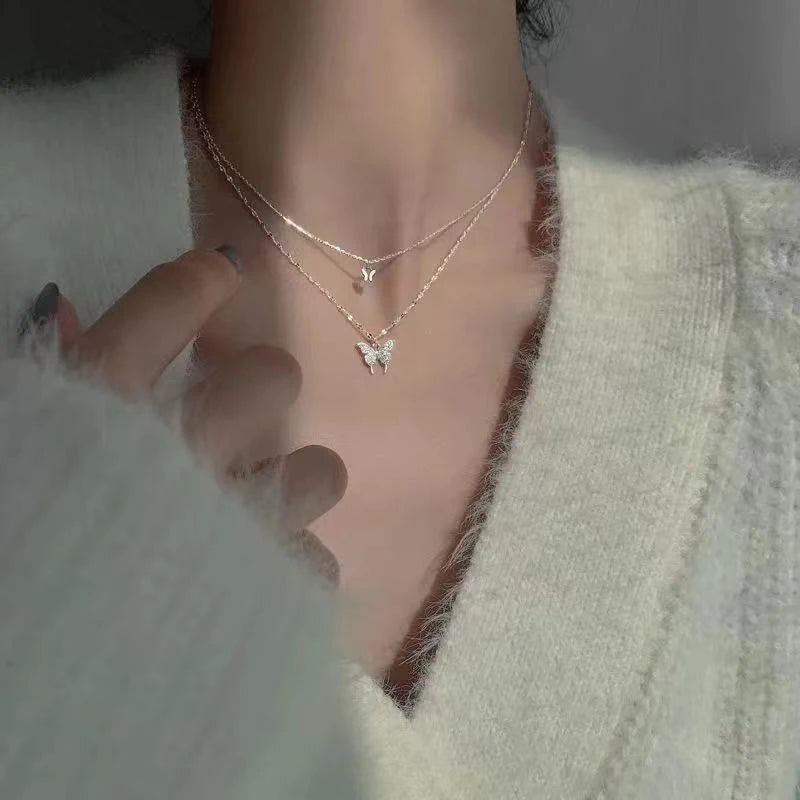 New Shiny Butterfly Necklace Ladies Exquisite Double Layer Clavicle Chain Necklace Jewelry for Ladies Gift - MyEmpired