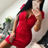 Summer Dress 2020 Fall Women Sexy Casual Knit Sheath Mini Dresses Ladies Solid V Neck Chest Button Short Sleeve Bodycon Dress - MyEmpired