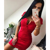 Summer Dress 2020 Fall Women Sexy Casual Knit Sheath Mini Dresses Ladies Solid V Neck Chest Button Short Sleeve Bodycon Dress - MyEmpired