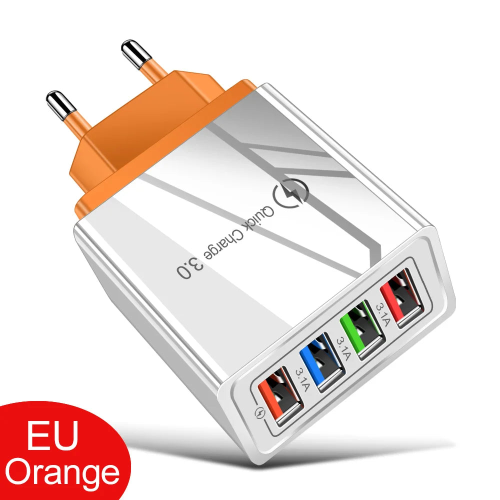3A USB Charger 4 Port USB Quick Charge 3.0 EU US Plug Mobile Phone Charger Wall Adapter Portable Fast Charging For iPhone 16 Pro - MyEmpired
