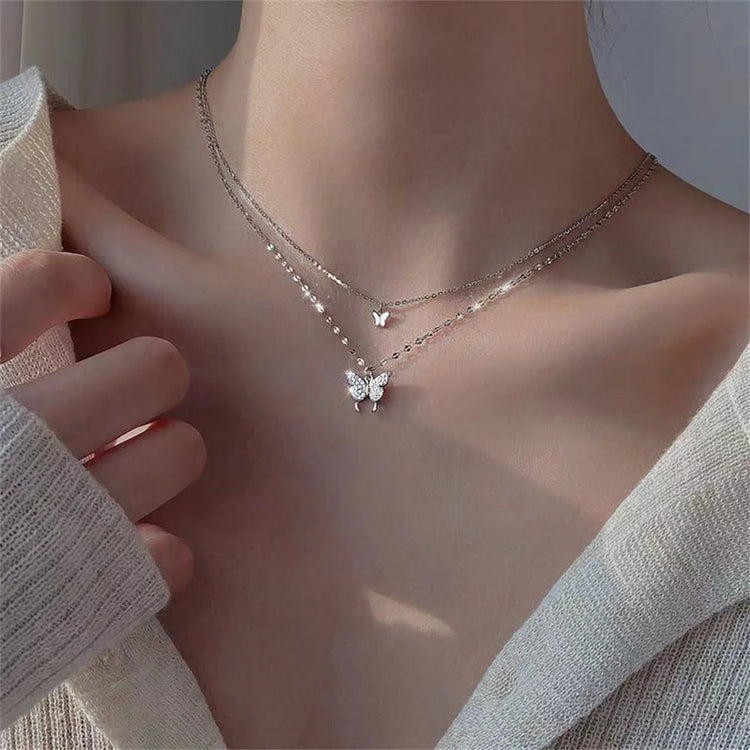 New Shiny Butterfly Necklace Ladies Exquisite Double Layer Clavicle Chain Necklace Jewelry for Ladies Gift - MyEmpired