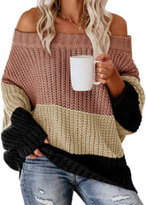 Off Shoulder Knit Sweaters Color Block Women Fashion Casual Pullovers Female Long Sleeve Tops Ladies Clothes Autumn Winter - MyEmpired