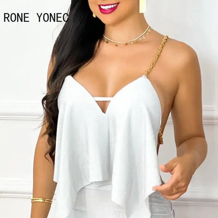 Women Outfit 2023 Spaghetti Strap Asymmetrical Chain Strap Bodycon Dresss Party Dress - MyEmpired