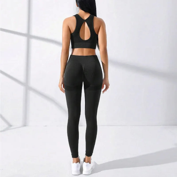 Yoga Basic 2pcs Seamless High Stretch Yoga Set Tracksuit Gym Set Crisscross Back Cami Hip-hugging Tummy Control Leggings - MyEmpired