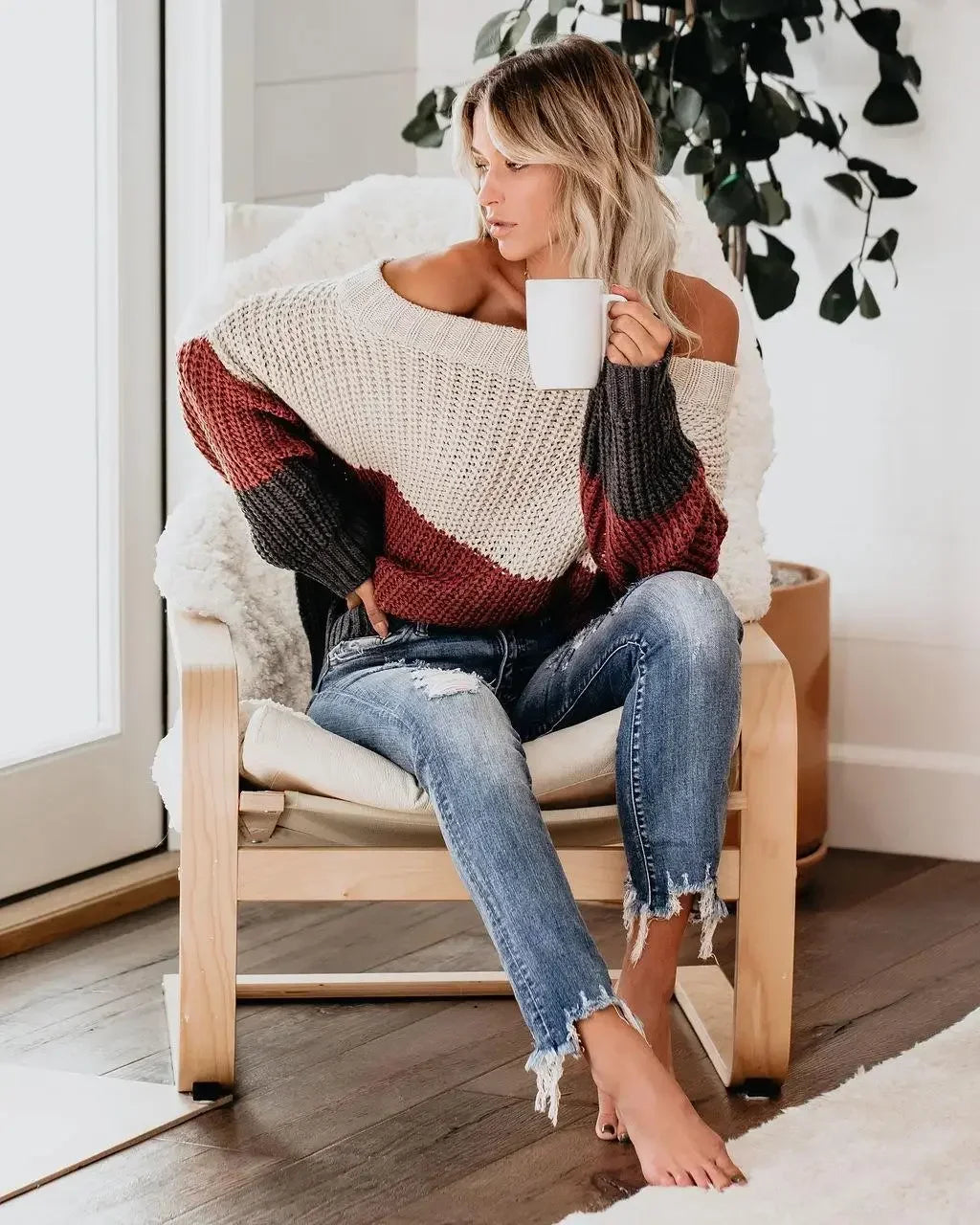 Off Shoulder Knit Sweaters Color Block Women Fashion Casual Pullovers Female Long Sleeve Tops Ladies Clothes Autumn Winter - MyEmpired