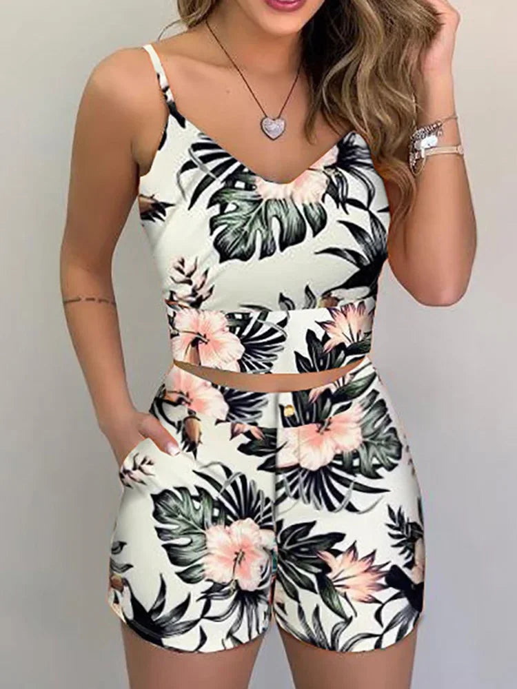 Print Spaghetti Strap Crop Top & Short Sets Casual Summer 2 Piece Outfits for Women - MyEmpired