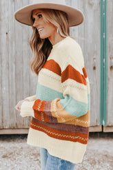 Crew Neck Drop-shoulder Striped Color Block Sweater - MyEmpired