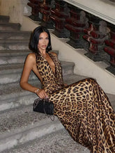 Women Elegant Leopard Print Lace-up Halter Dress Sexy Backless Deep V-neck Slim Long Dresses 2024 New Lady High Street Partywear - MyEmpired