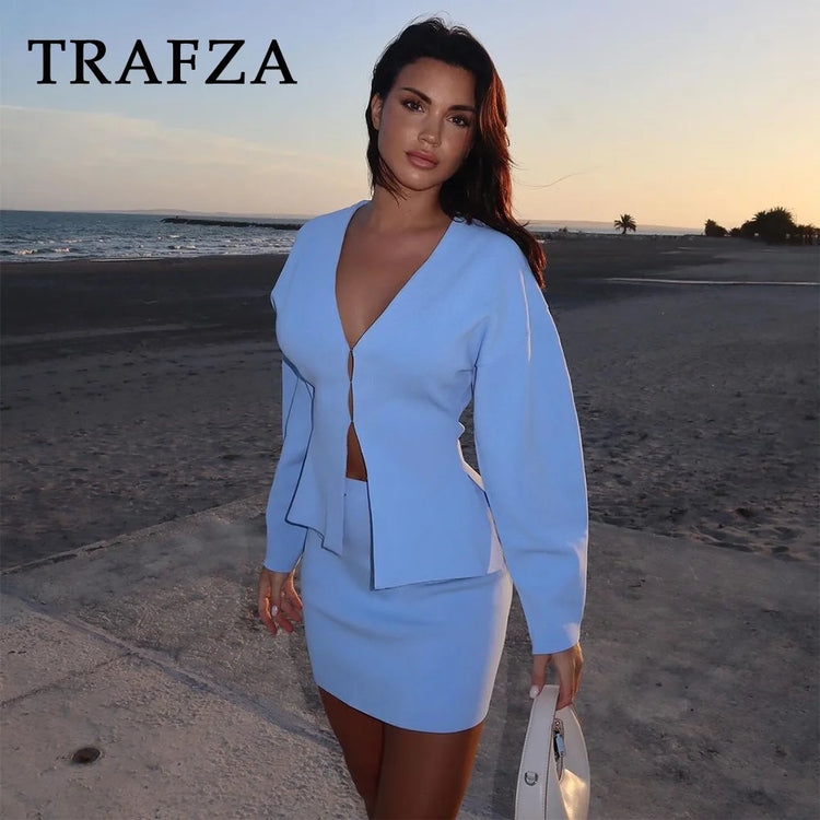 TRAFZA 2024 Spring Summer Sexy Solid Knitted Women Suits Fashion Nightclub V Neck Single Breasted Shirts+Chic Mini Pencil Skirts - MyEmpired
