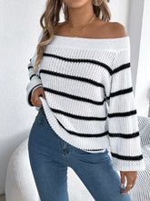 Womens Autumn Winter Off The Shoulder Knit Sweater Color Block Striped Lantern Sleeve Pullover Sweaters Knitted Jumper Tops - MyEmpired