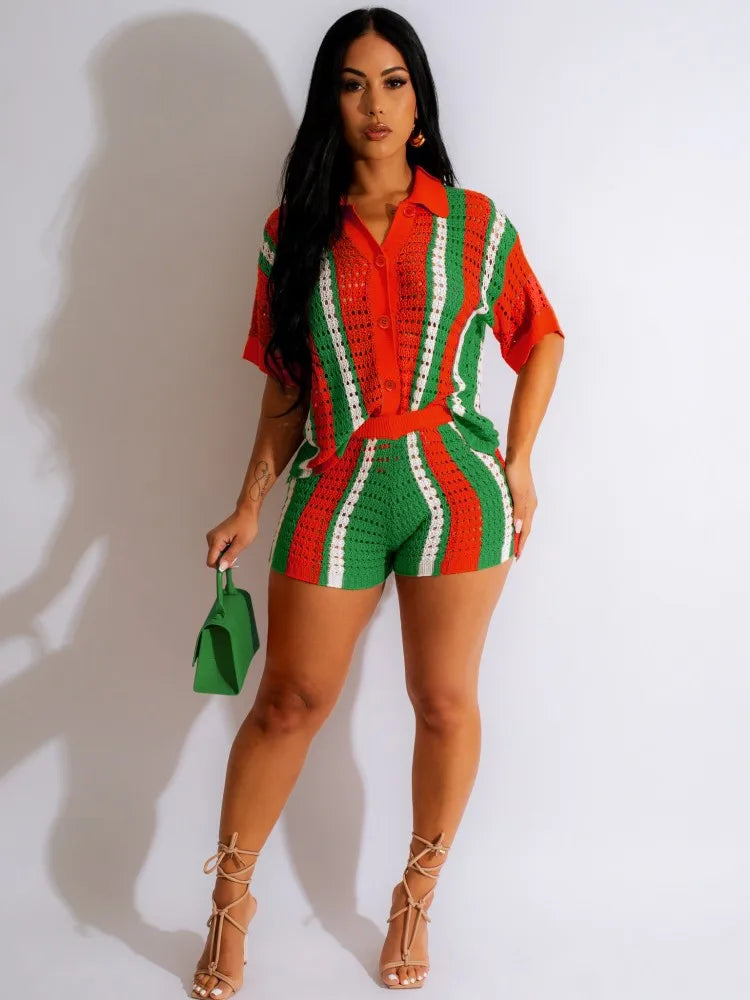 JRRY Sexy Women Knitted Set Two Pieces Sets Turn Down Collar Short Sleeves Top Pants Cover Ups Hollow Out Beach Pants Set - MyEmpired