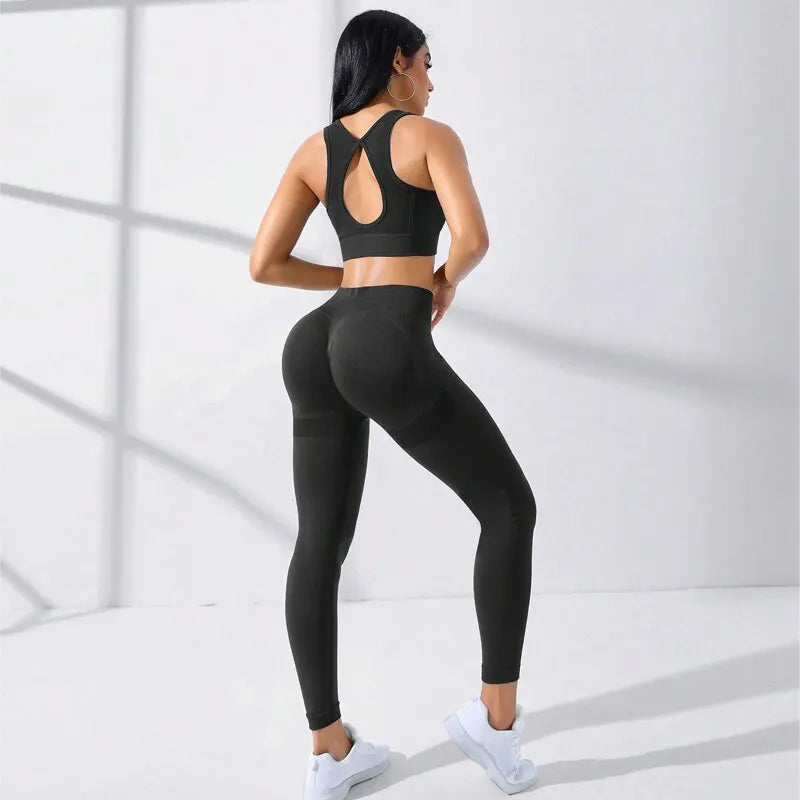 Yoga Basic 2pcs Seamless High Stretch Yoga Set Tracksuit Gym Set Crisscross Back Cami Hip-hugging Tummy Control Leggings - MyEmpired