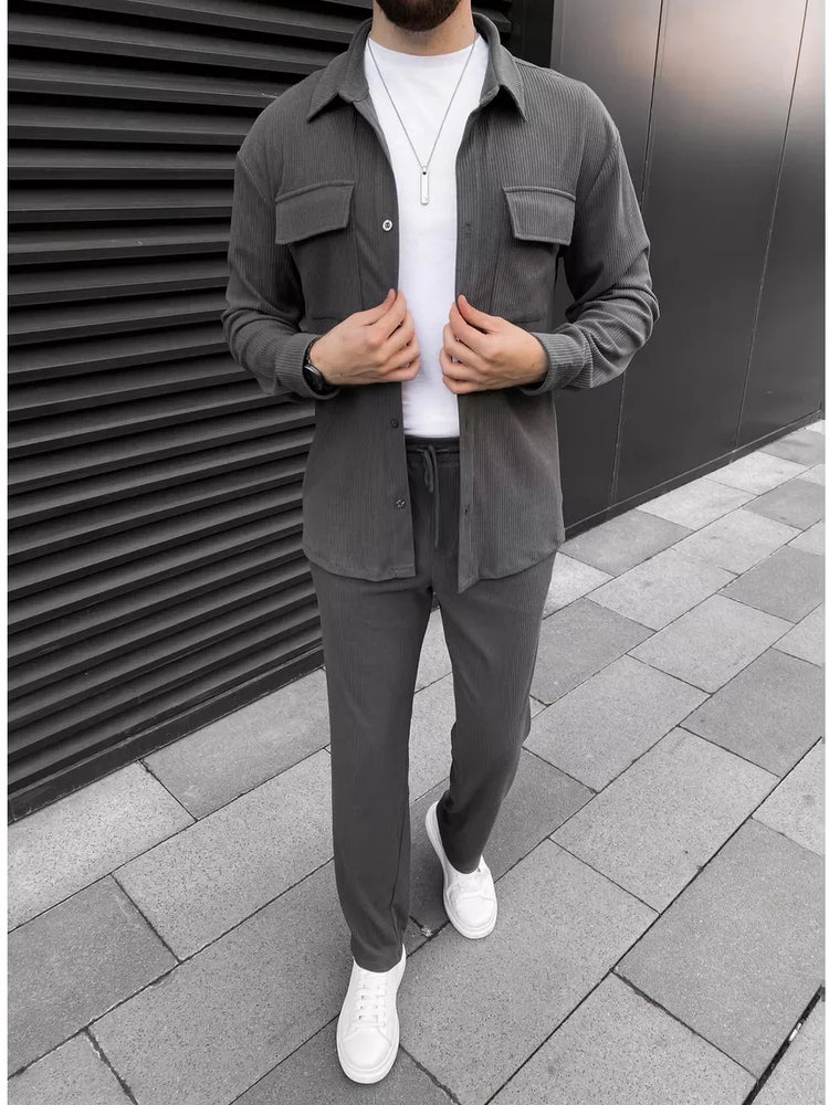 buckle lapel double pocket long sleeve two-piece casual - MyEmpired
