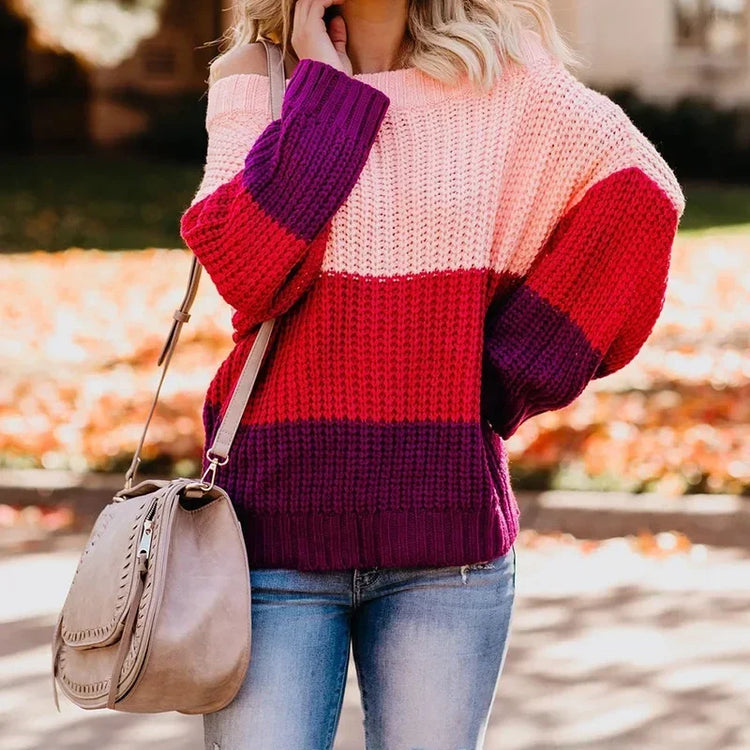 Off Shoulder Knit Sweaters Color Block Women Fashion Casual Pullovers Female Long Sleeve Tops Ladies Clothes Autumn Winter - MyEmpired