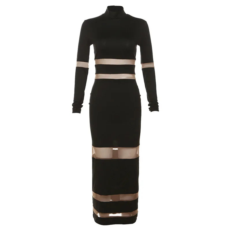 Patchwork Bodycon Sexy Midi Dress For Women 2023 Autumn Winter New Turtleneck Long Sleeve Club Party Sexy Dress Elegant - MyEmpired