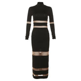 Patchwork Bodycon Sexy Midi Dress For Women 2023 Autumn Winter New Turtleneck Long Sleeve Club Party Sexy Dress Elegant - MyEmpired