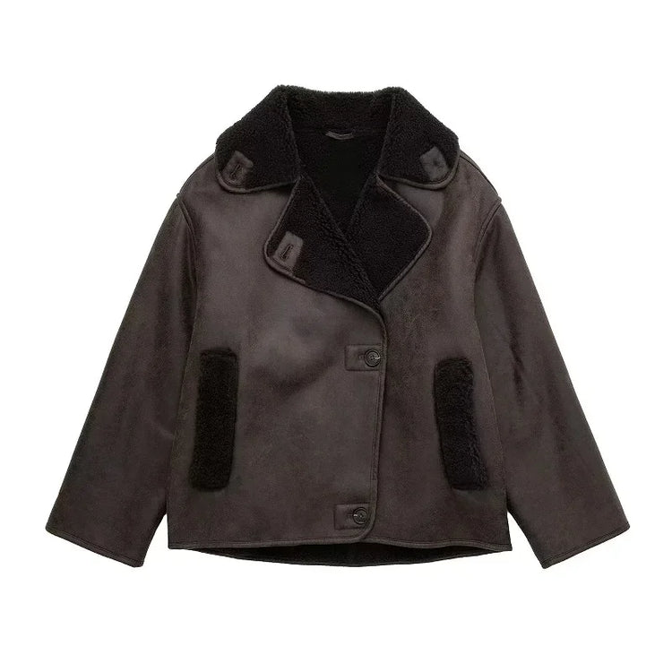 TRAF Woman Thick Faux Leather Jackets for Women Coat Autumn Winter Warm Wool Blends Coats Demi-season Plush Jacket Outerwear - MyEmpired