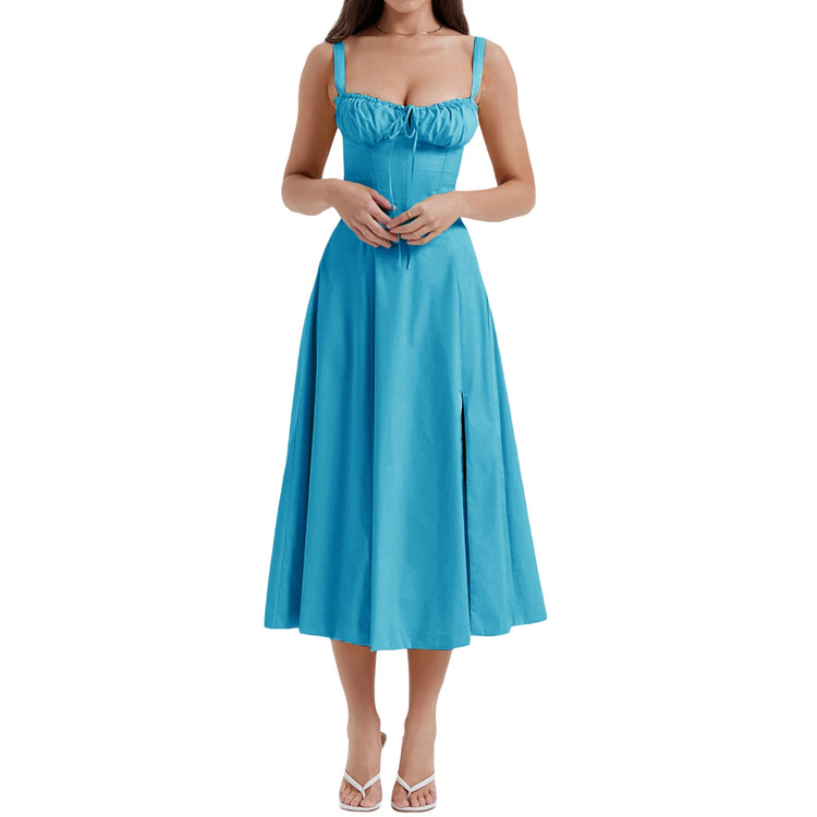Women y2k Square Neck Lace Trim Boho Long Maxi Dress Floral Sleeveless Low Cut Split Side Bodycon Corset Sundress Streetwear - MyEmpired