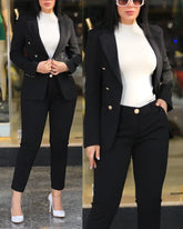 2pcs Women Office Clothing Set Long Sleeve Blazer Jacket & High Waist Pencil Pants Solid Color - MyEmpired
