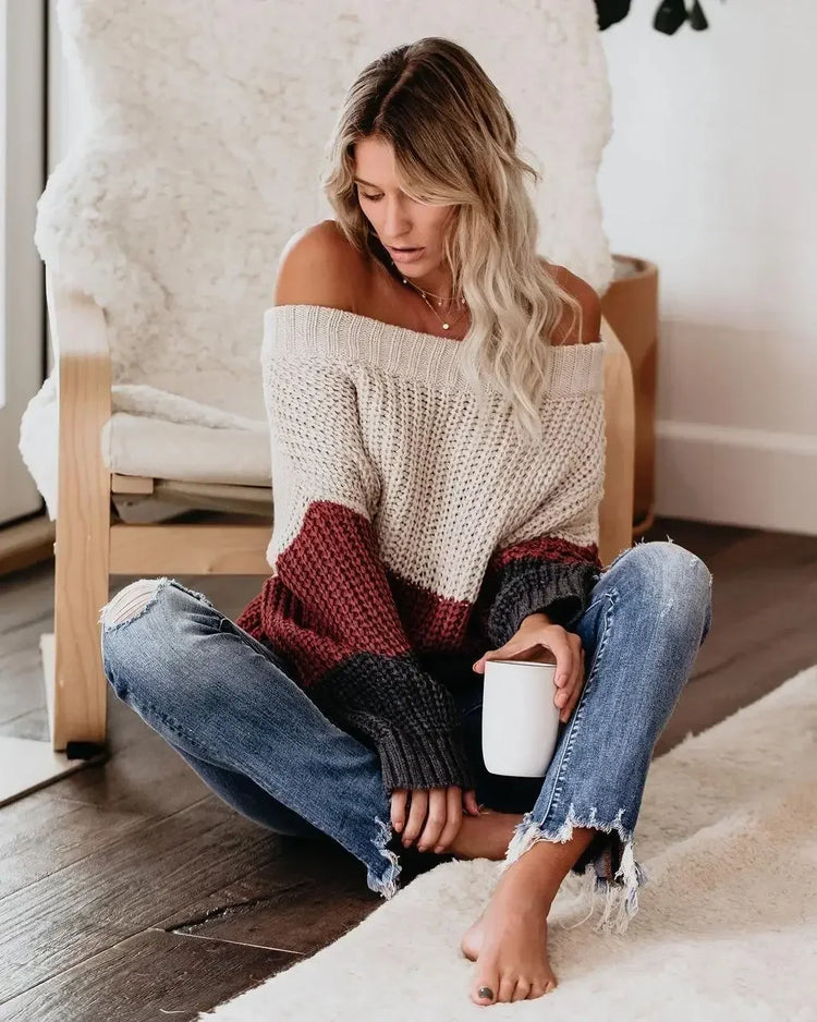 Off Shoulder Knit Sweaters Color Block Women Fashion Casual Pullovers Female Long Sleeve Tops Ladies Clothes Autumn Winter - MyEmpired
