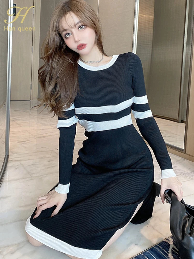 H Han Queen 2023 Autumn Winter Office Pencil Knitted Dress Women Bottoming Sheath Dresses Fashion Color Bodycon Casual Vestidos - MyEmpired