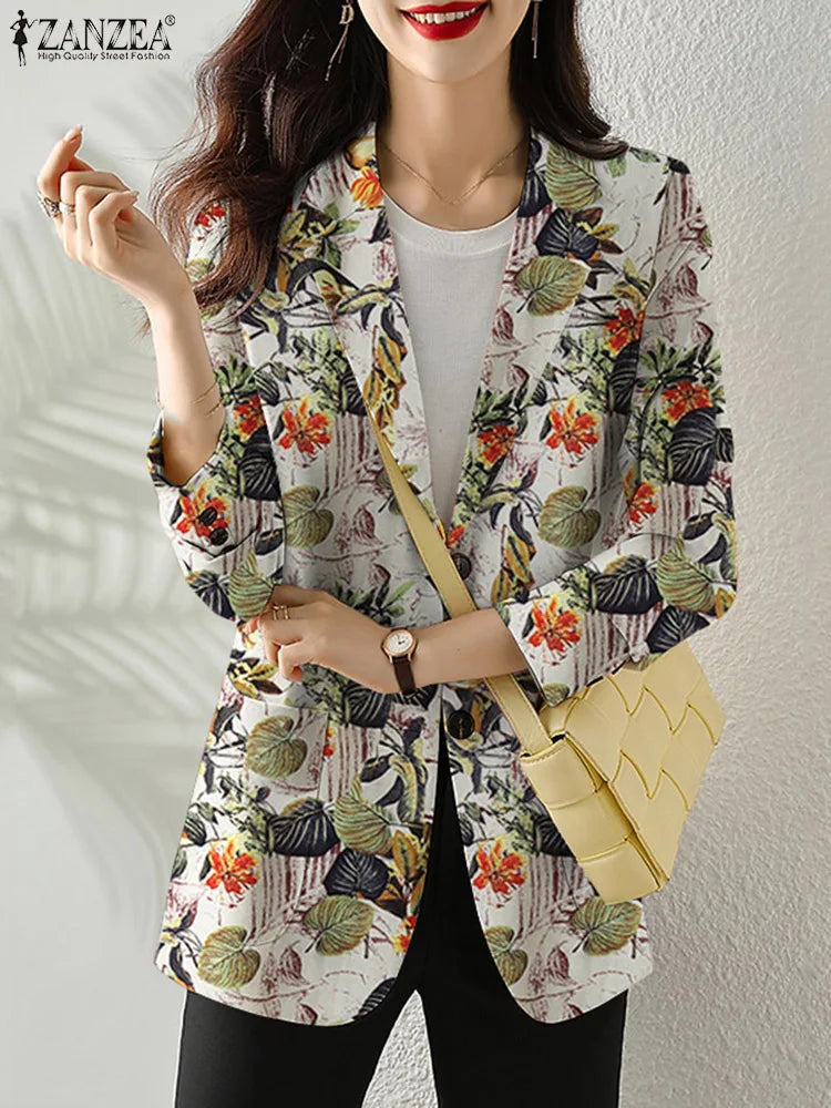 Women Autumn Blazer Retro Printed Coats Casual Long Sleeve Floral Outerwear ZANZEA Female Single Button Lapel Jackets Oversize - MyEmpired