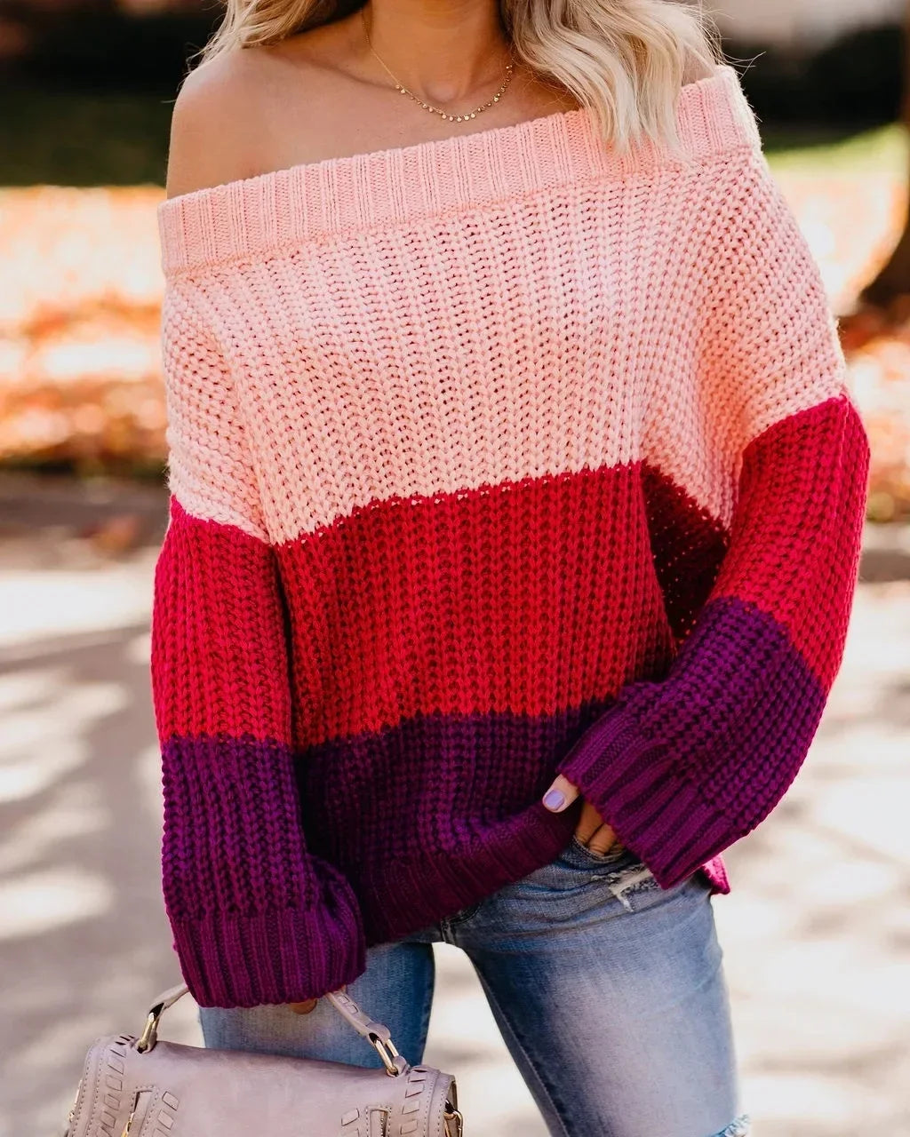 Off Shoulder Knit Sweaters Color Block Women Fashion Casual Pullovers Female Long Sleeve Tops Ladies Clothes Autumn Winter - MyEmpired