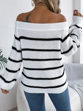Womens Autumn Winter Off The Shoulder Knit Sweater Color Block Striped Lantern Sleeve Pullover Sweaters Knitted Jumper Tops - MyEmpired