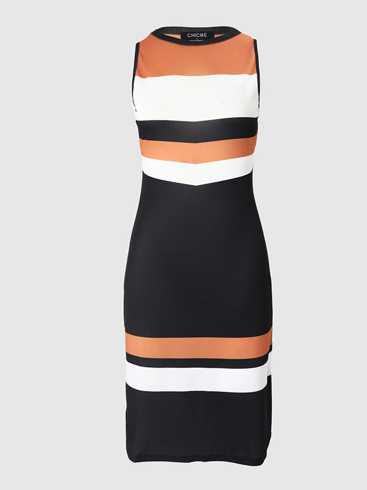 Colorblock Striped Print Sleeveless Bodycon Dress - MyEmpired