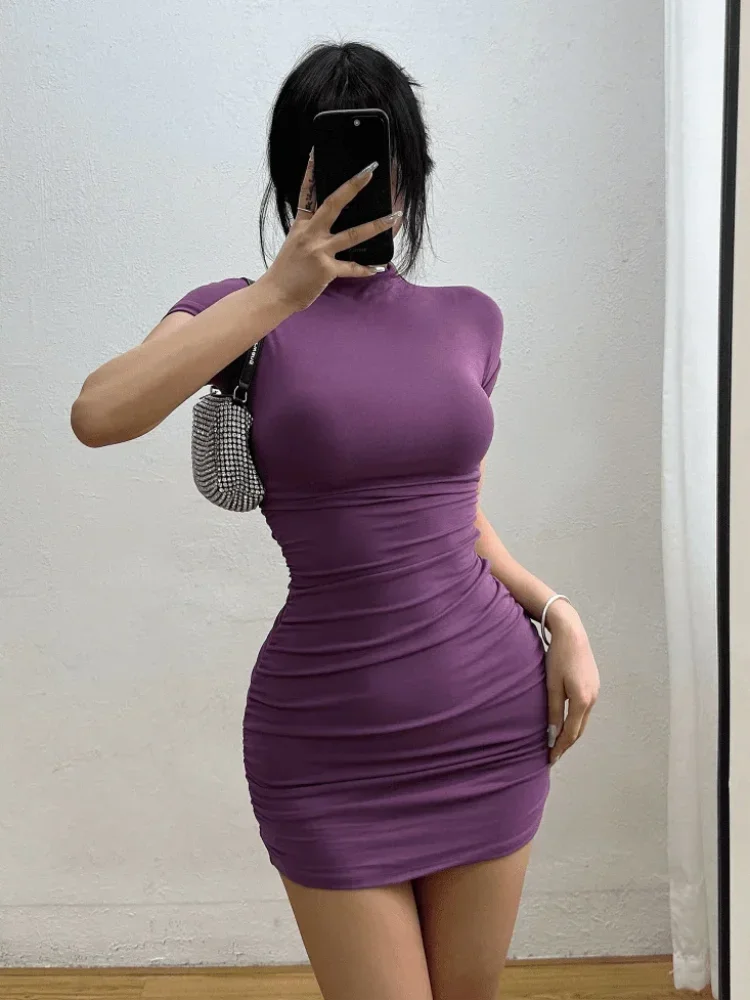 Sexy Tight Half High Collar Pleated Waist Mini Dress - MyEmpired