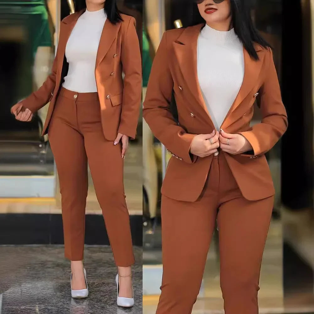 2pcs Women Office Clothing Set Long Sleeve Blazer Jacket & High Waist Pencil Pants Solid Color - MyEmpired