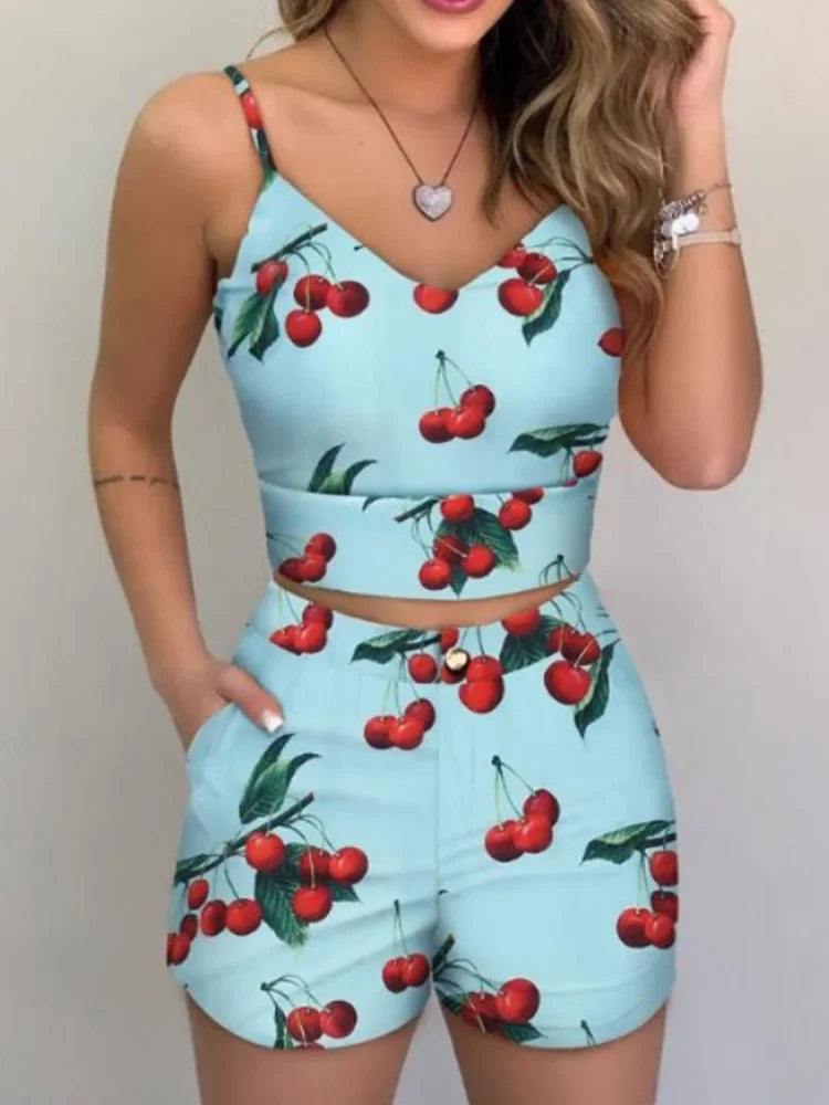 Print Spaghetti Strap Crop Top & Short Sets Casual Summer 2 Piece Outfits for Women - MyEmpired