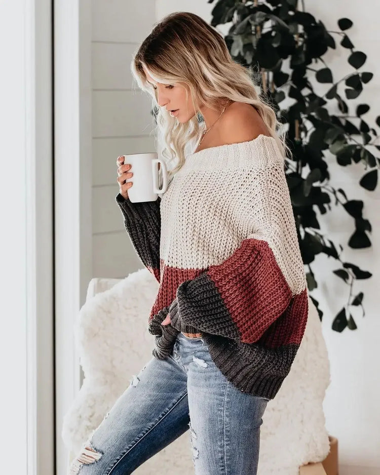 Off Shoulder Knit Sweaters Color Block Women Fashion Casual Pullovers Female Long Sleeve Tops Ladies Clothes Autumn Winter - MyEmpired