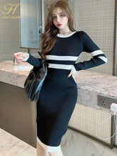 H Han Queen 2023 Autumn Winter Office Pencil Knitted Dress Women Bottoming Sheath Dresses Fashion Color Bodycon Casual Vestidos - MyEmpired