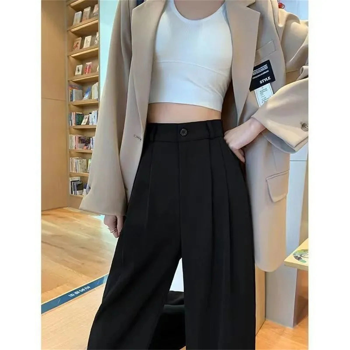 Fashion High Waist Wide Leg Pants Women Spring Fall Baggy Black Trouser Office Ladies Full Length Straight Suit Pant Outwear New - MyEmpired