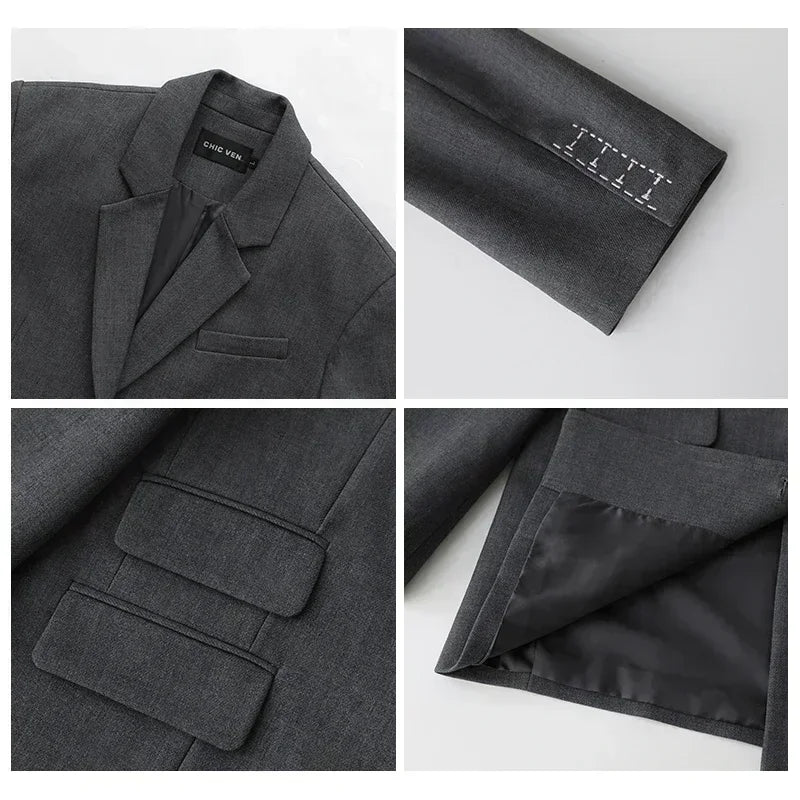 CHICVEN Women Office Lady Blazer Cuff Embroidery Wide Shoulder Twill Suit Women&