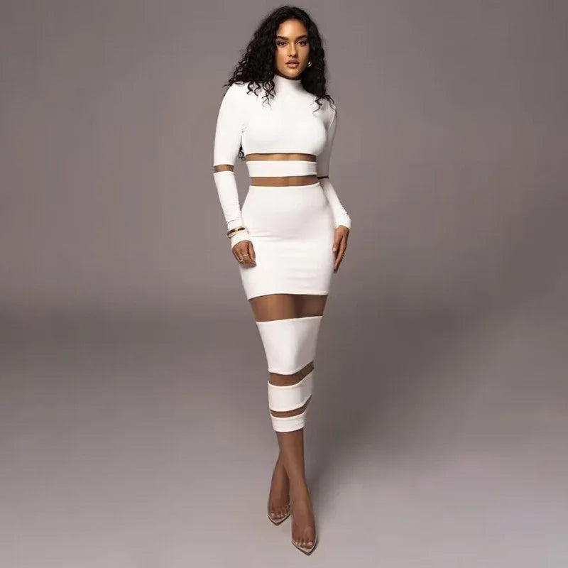 Patchwork Bodycon Sexy Midi Dress For Women 2023 Autumn Winter New Turtleneck Long Sleeve Club Party Sexy Dress Elegant - MyEmpired